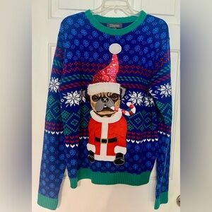 Ugly Christmas Sweater Pug Candy Cane Cigar Knit Dog Funny Sequins Unisex L